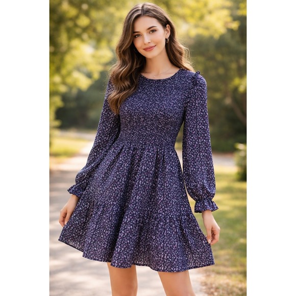 kirundo Dresses & Skirts - KIRUNDO Women's Floral Smocked Long Sleeve Tiered Mini Dress Size L